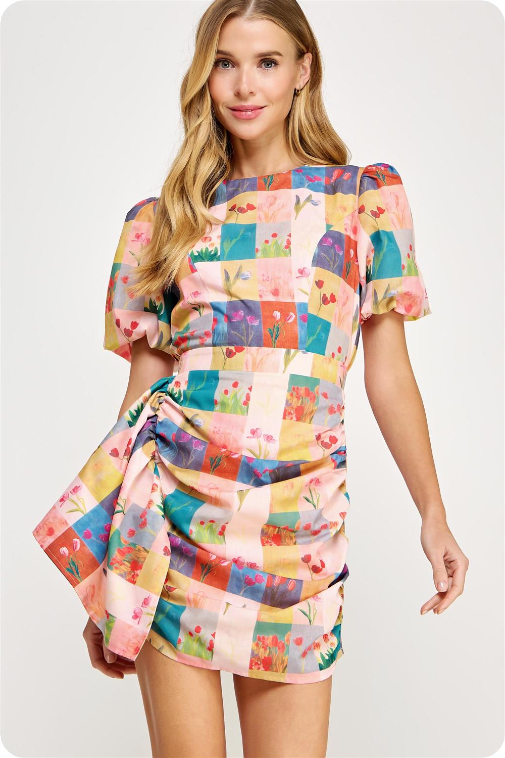 RUCHED DRESS WITH PUFF SLEEVES