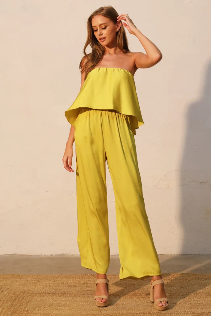 Washed Poly Silk Cascade Strapless Jumpsuit
