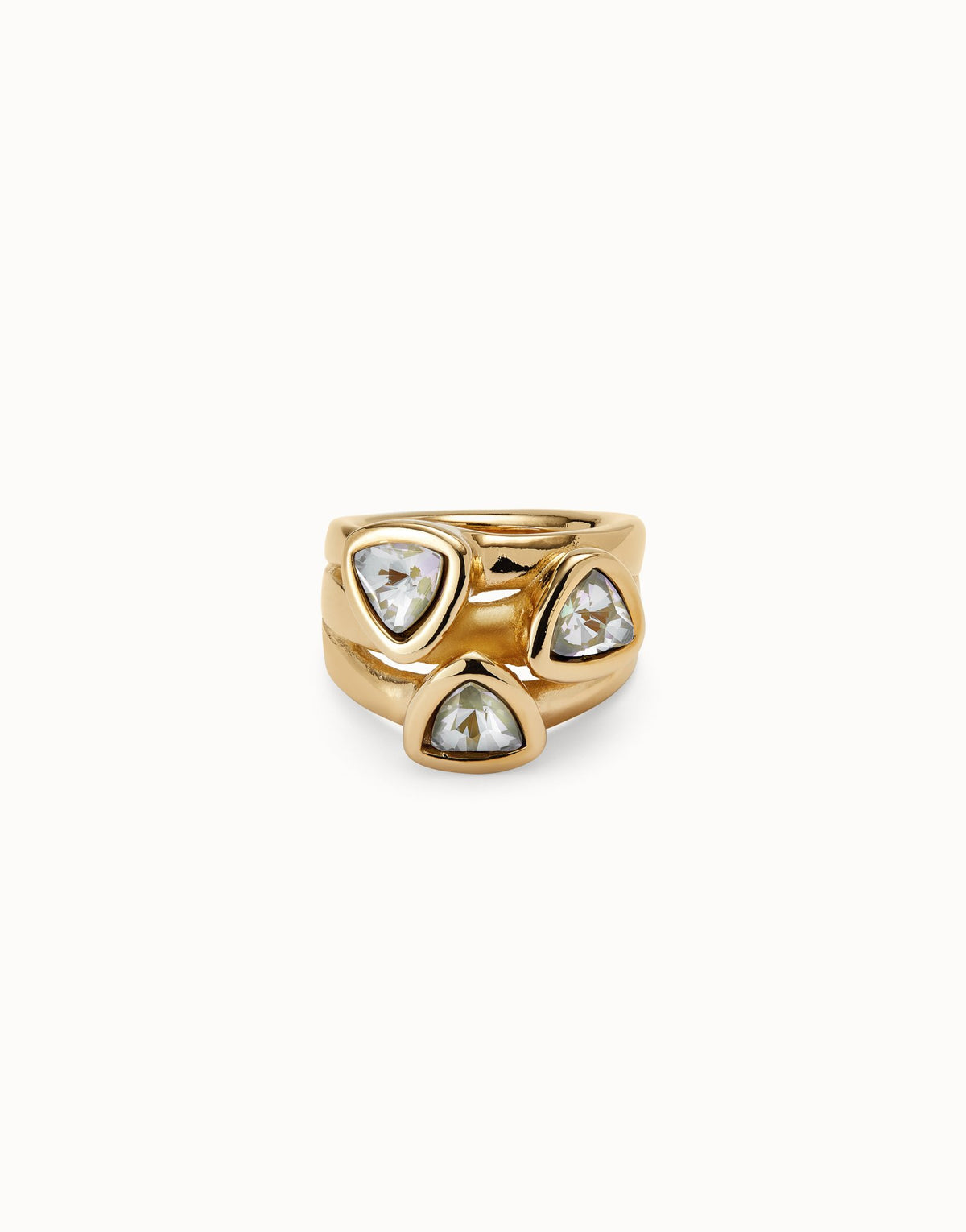 18k gold plated metal alloy ring with three multicolor crystals 15