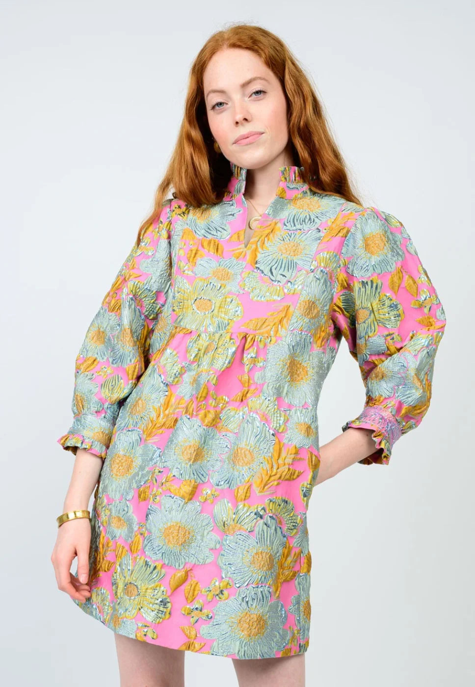 BROCADE RUFFLED TRIM DRESS
