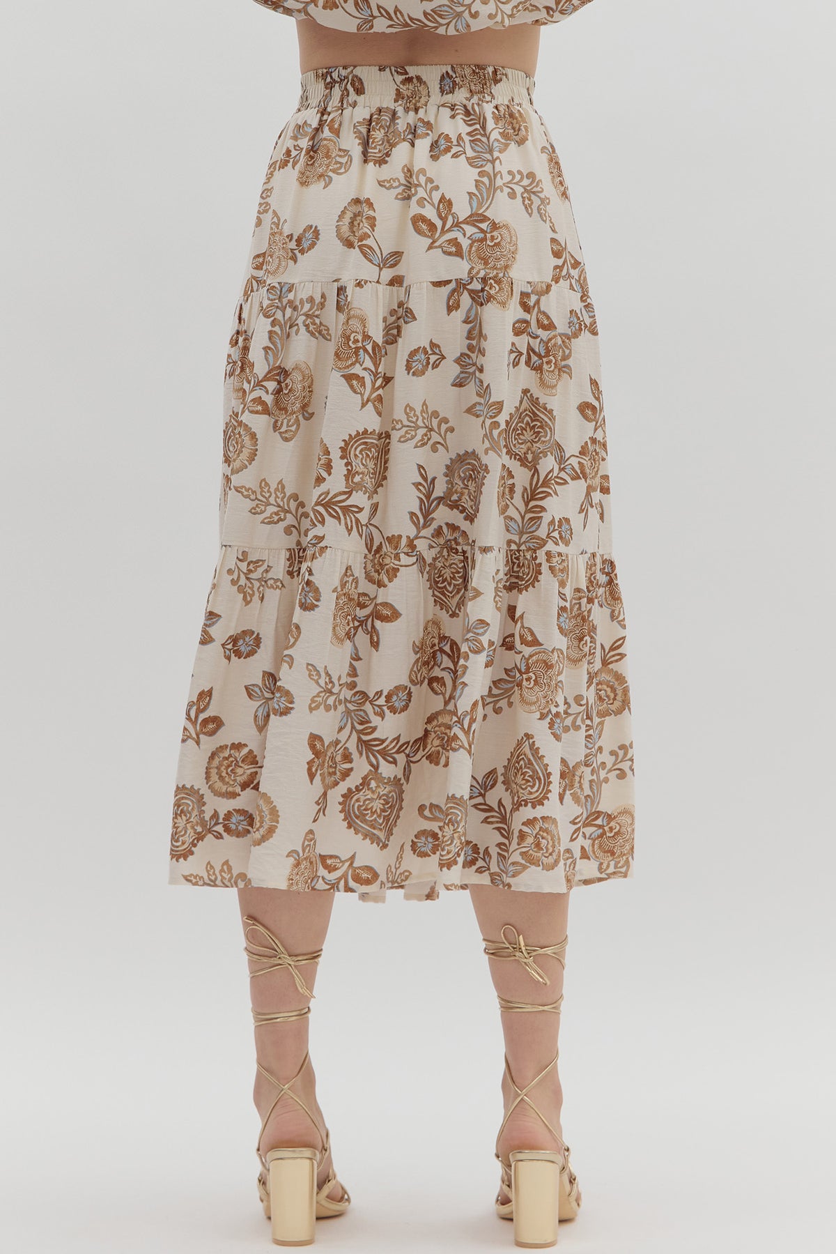 Floral print tiered pull-on midi skirt