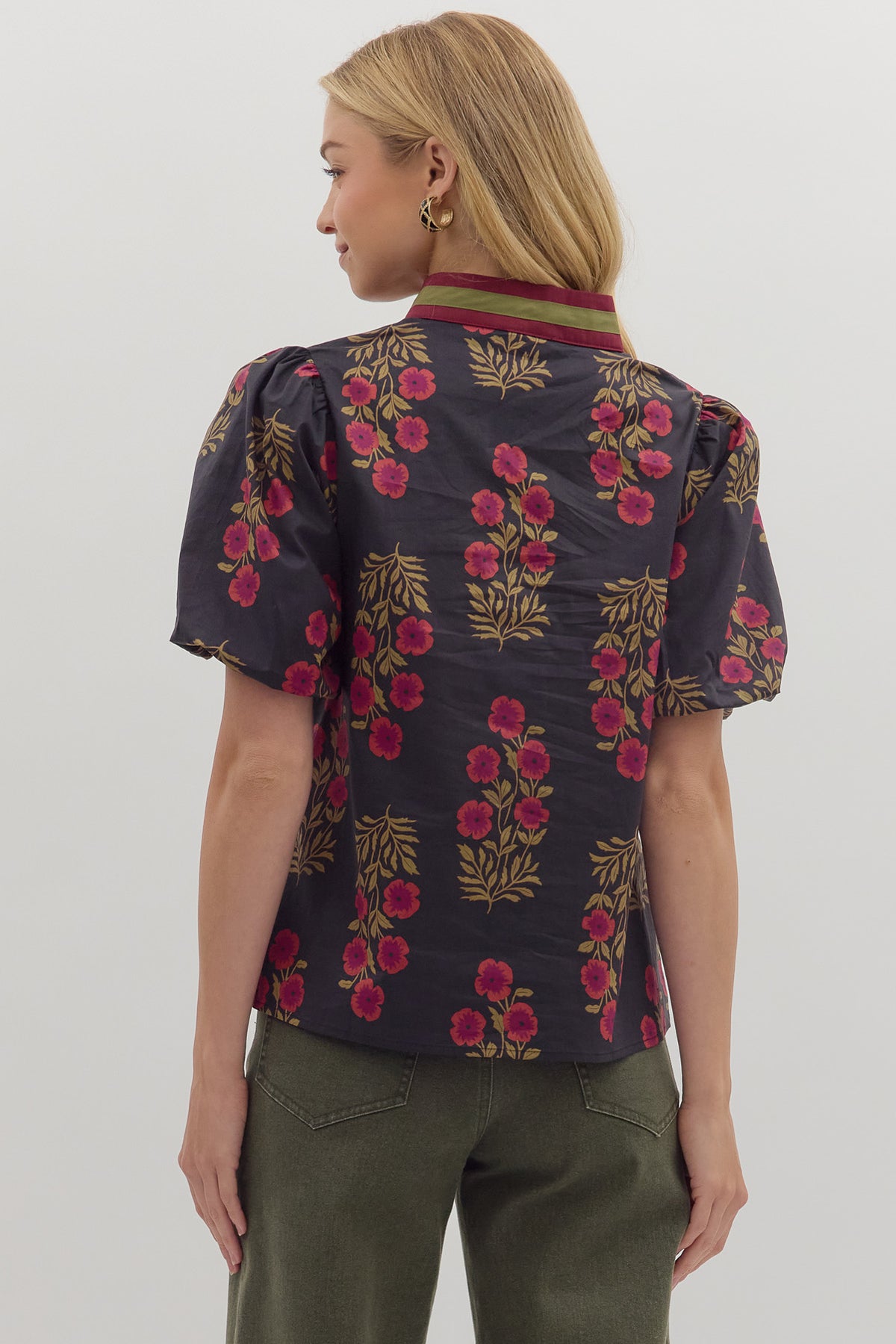 Floral print short bubble sleeve top