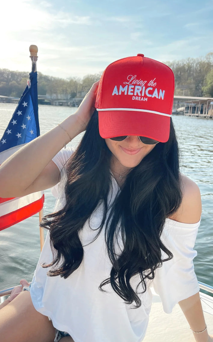 LIVING THE AMERICAN DREAM- RED VINTAGE TRUCKER HAT