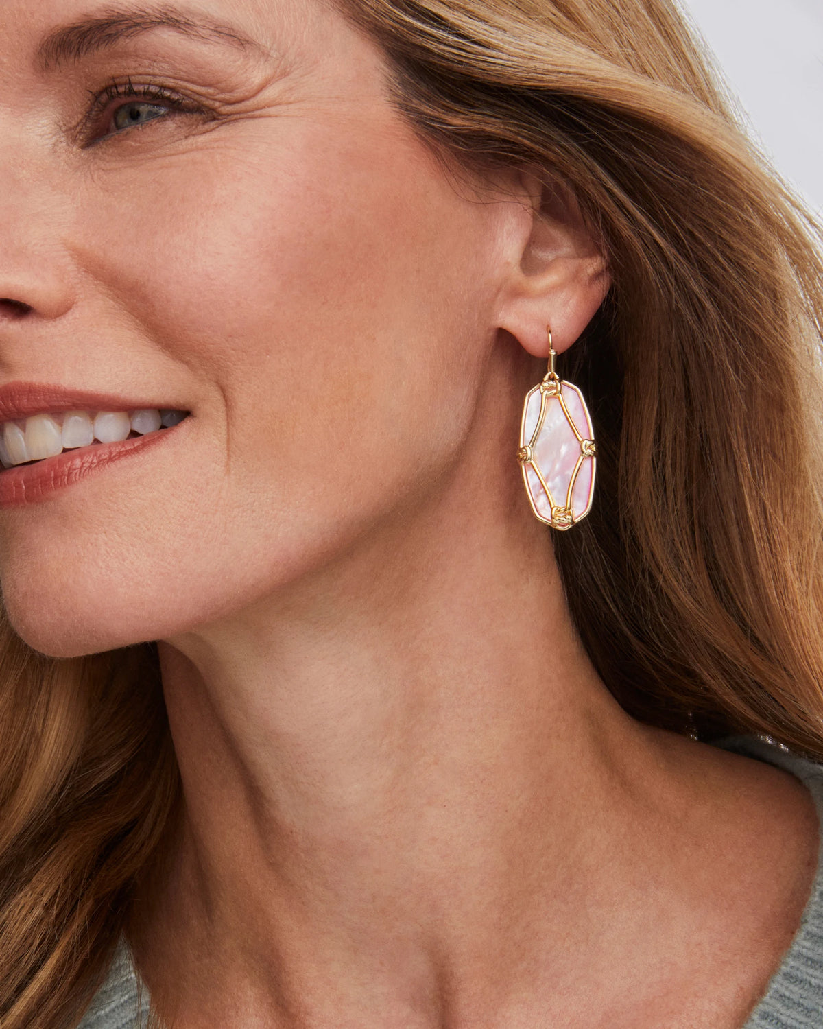 ELLE LATTICE FRAME DROP EARRINGS GOLD BLUSH IVORY MOTHER OF PEARL