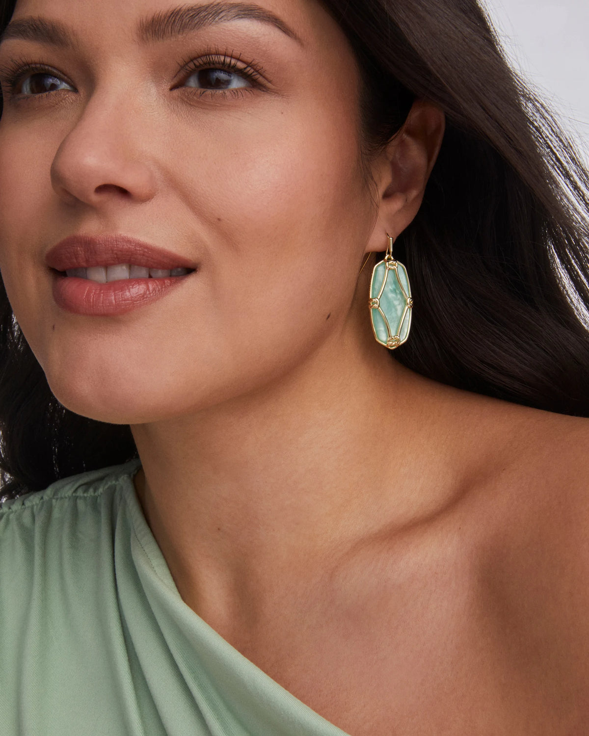 ELLE LATTICE FRAME DROP EARRINGS GOLD LIGHT GREEN MOTHER OF PEARL