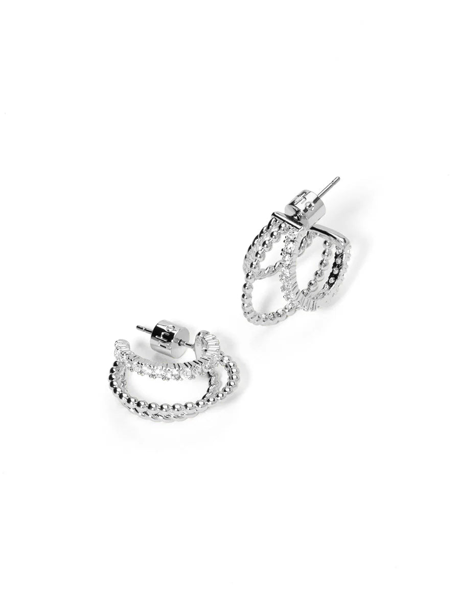 Triple Hoop Pave Huggie Earring Silver