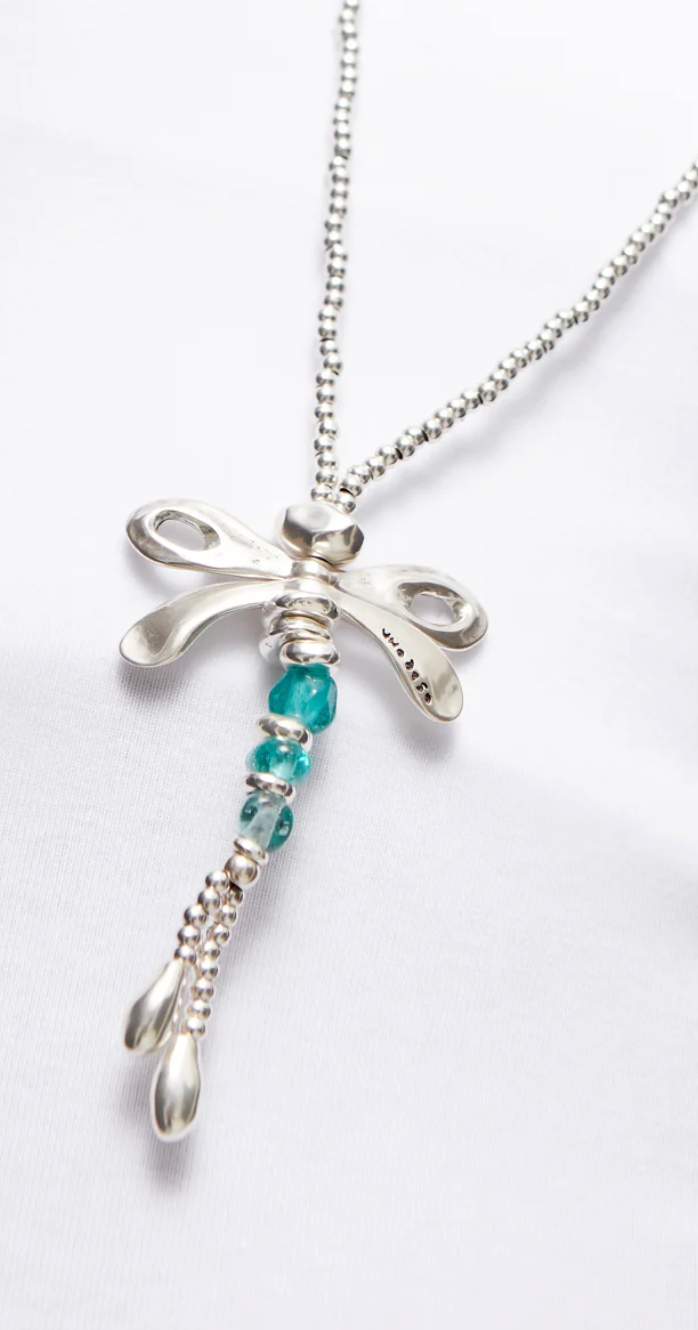 long metal alloy necklace plated sterling silver and dragonfly with green craft crystals