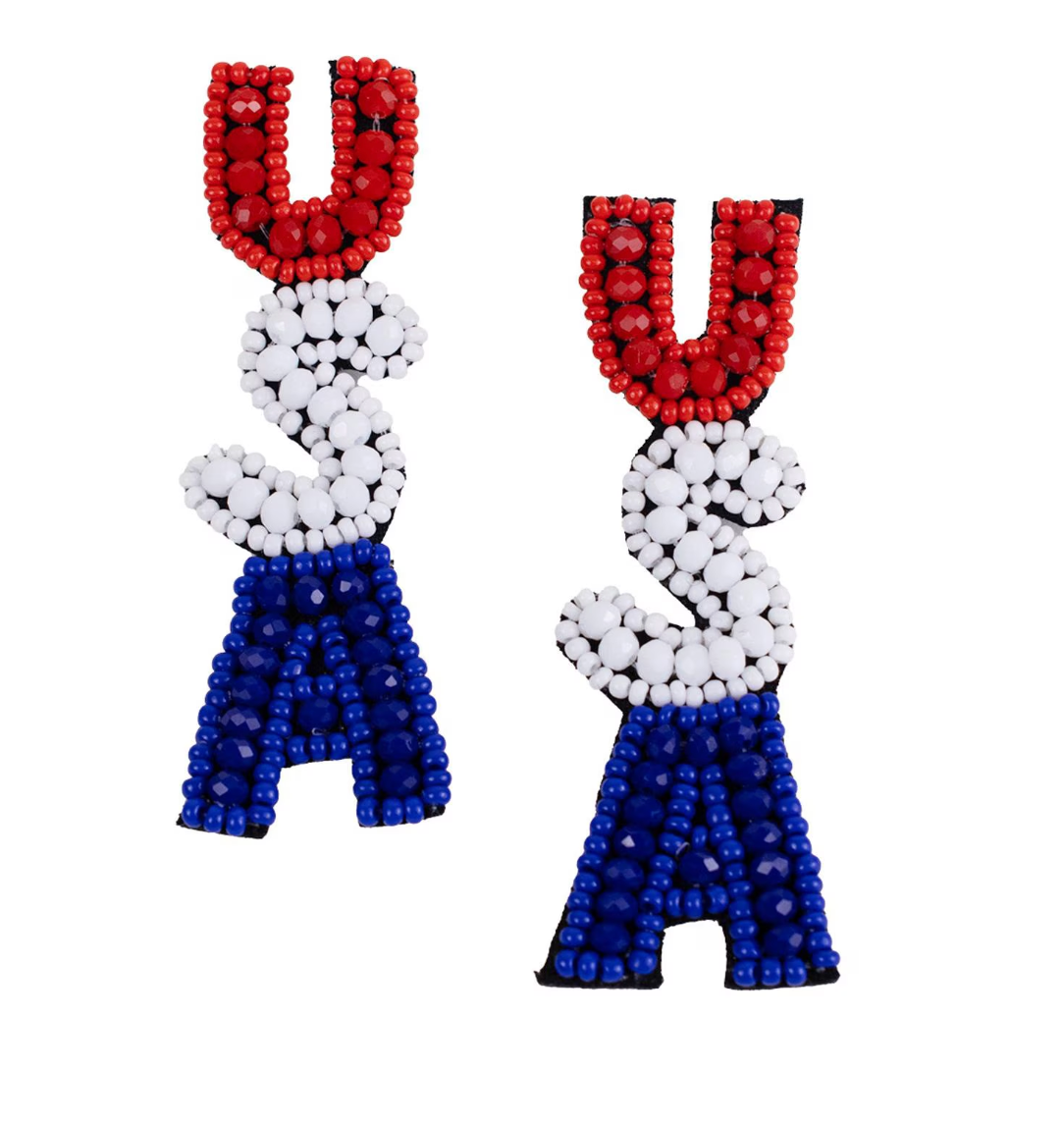 USA Beaded Earrings Red/White/Blue 2.5"