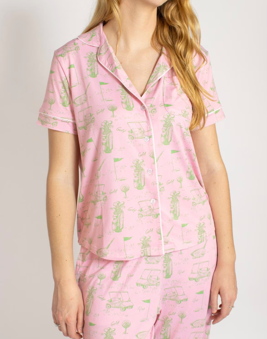 On Par Short Sleeve Button Up Sleep Shirt Light Pink/Green Small