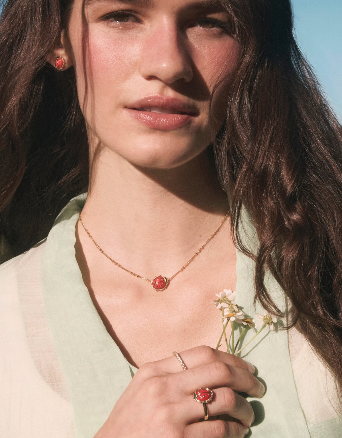 LADYBUG SHORT PENDANT NECKLACE GOLD RED VERMILLION MAGNESITE