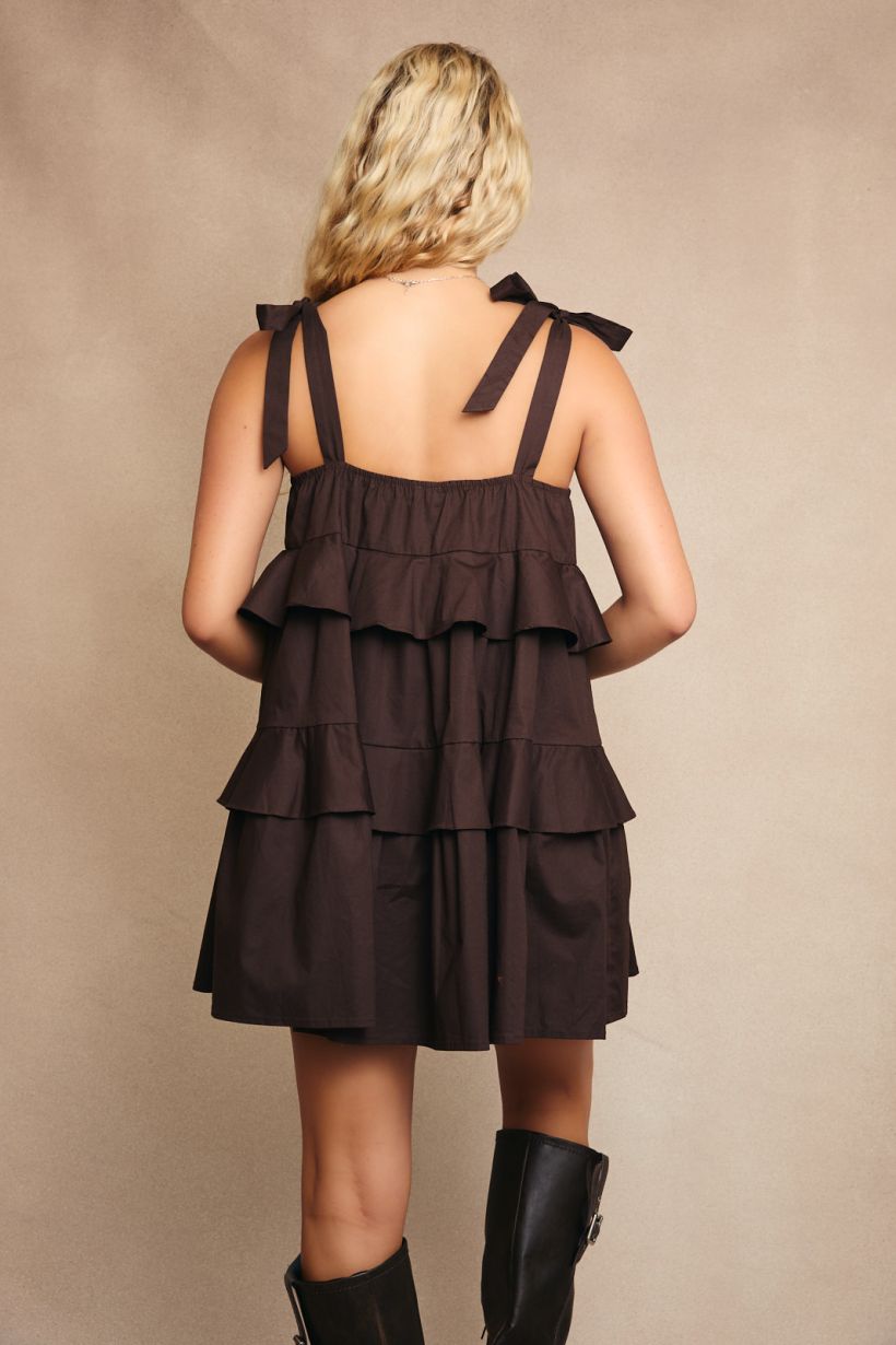 RUFFLE DETAIL FLOWING SLEEVELESS MINI DRESS
