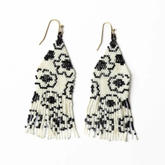 Delilah poppies beaded fringe earrings ivory/black