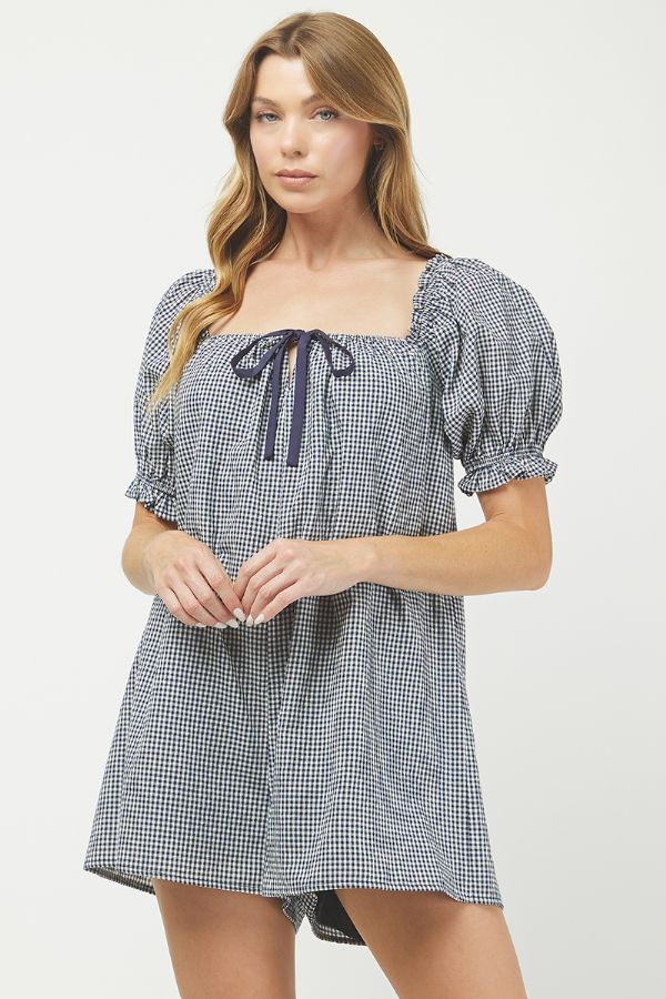 GINGHAM PUFF SLEEVE ROMPER