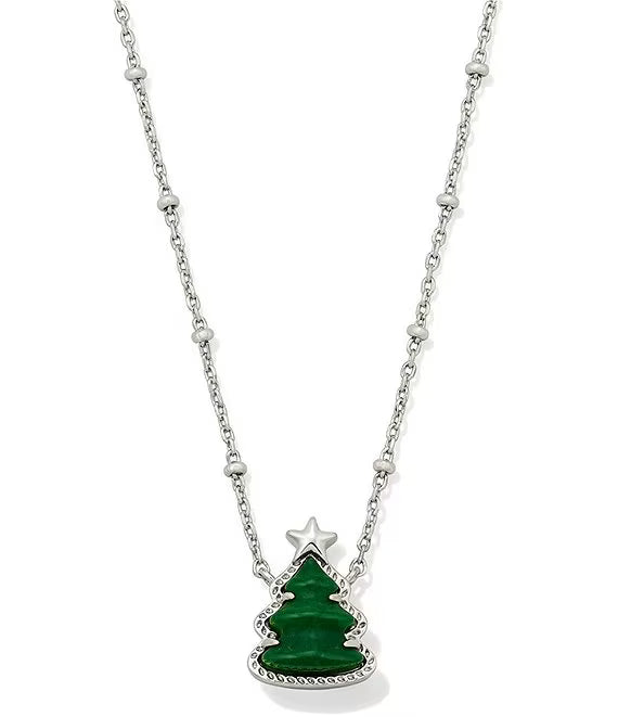 HOLIDAY TREE SHORT PENDANT NECKLACE SILVER GREEN QUARTZITE