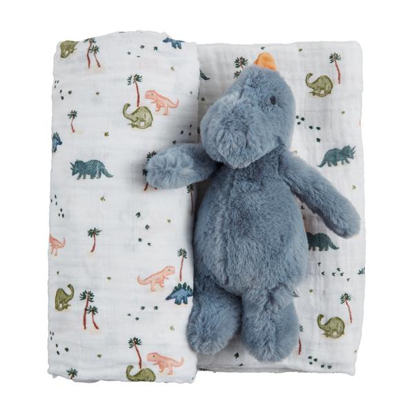Dino Swaddle & Rattle Set Blue