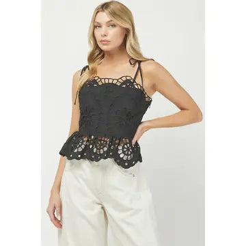 EMBROIDERED COTTON EYELET PEPLUM TOP