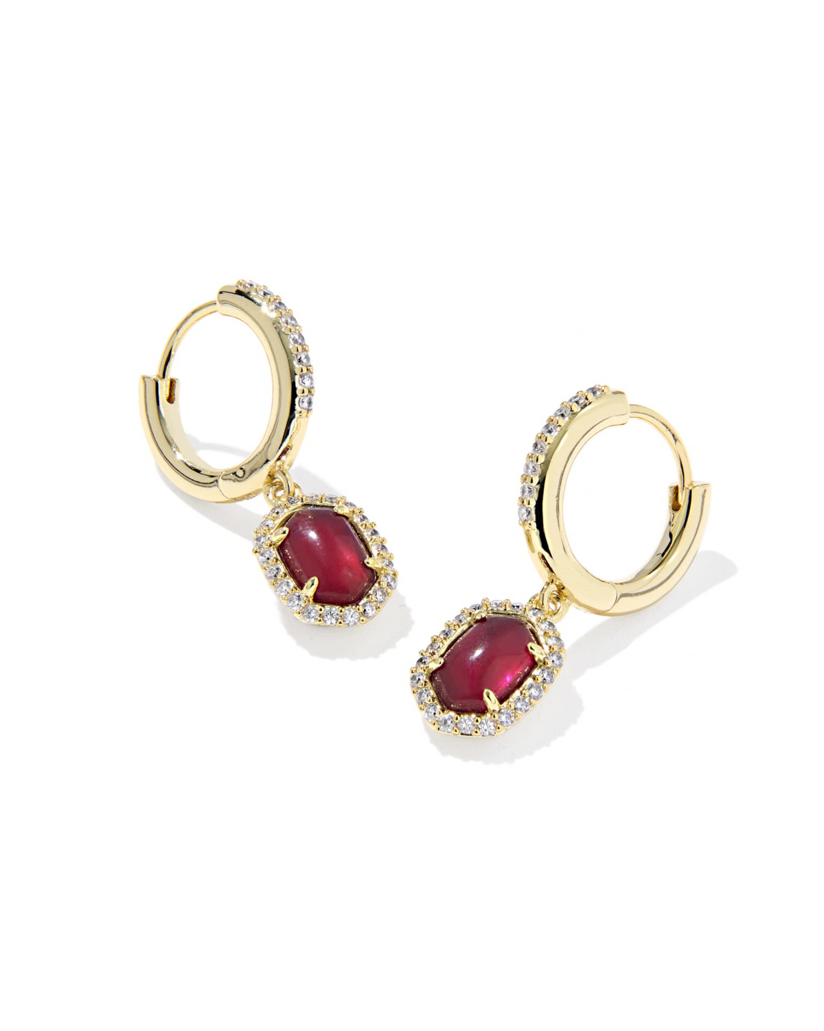 DAPHNE CRYSTAL FRAME HUGGIE EARRINGS GOLD DARK BURGUNDY ILLUSION