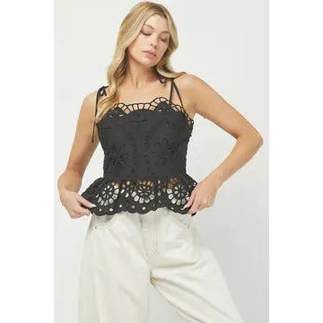 EMBROIDERED COTTON EYELET PEPLUM TOP
