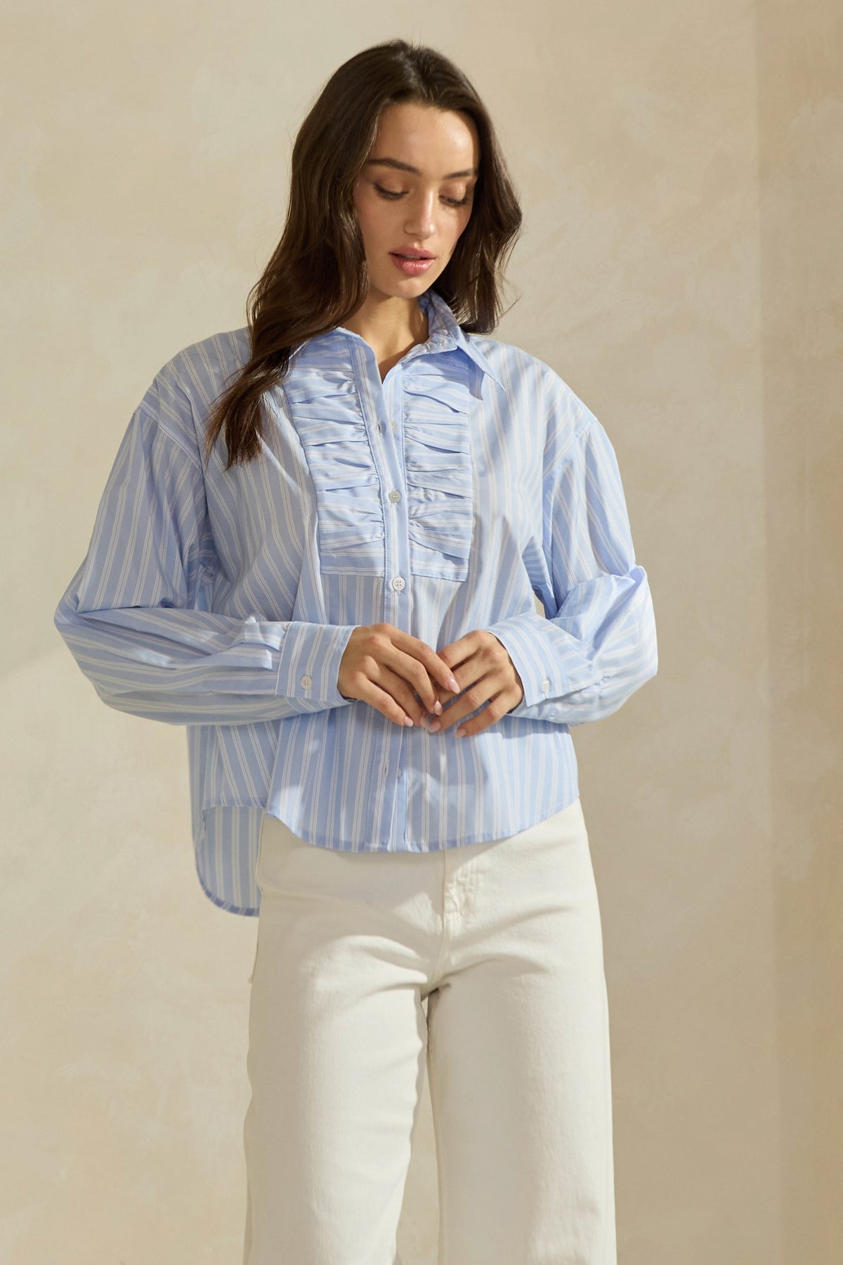 PLEATS DETAILED STRIPE BUTTON UP TOP