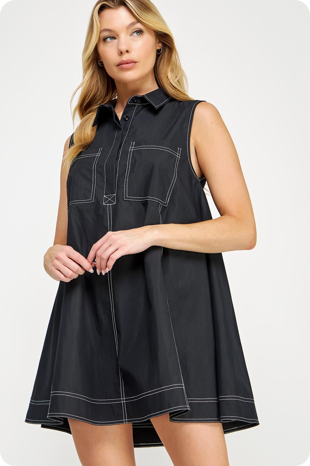 CONTRAST TOP STITCH MINI SHIRT DRESS
