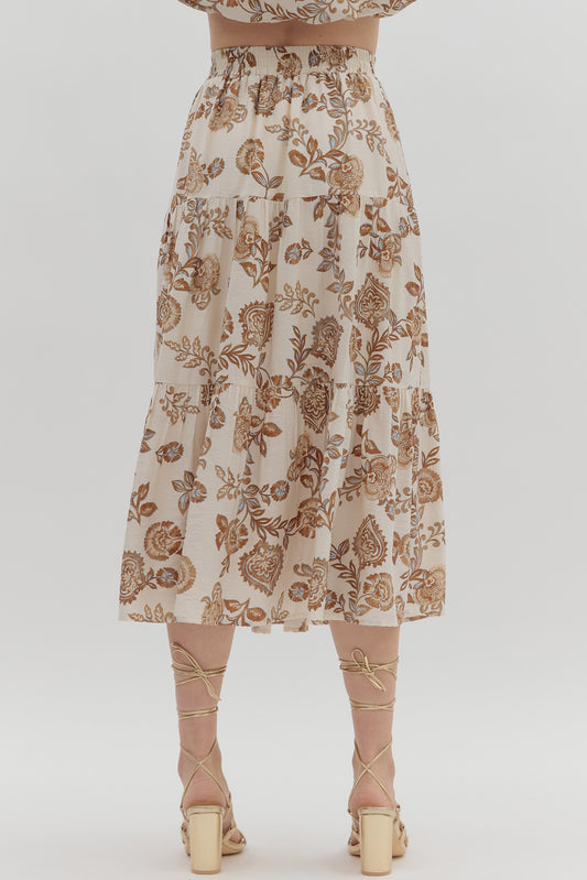 Floral print tiered pull-on midi skirt