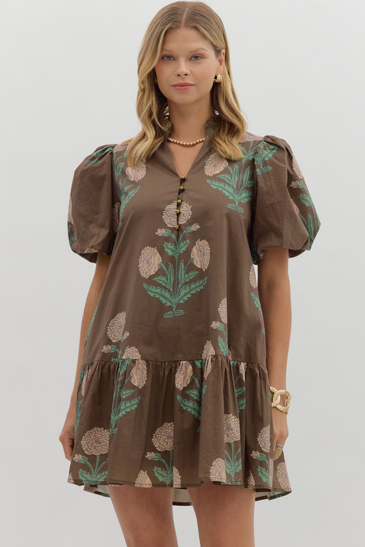 FLORAL BUBBLE SLEEVE RUFFLE HEM MINI DRESS