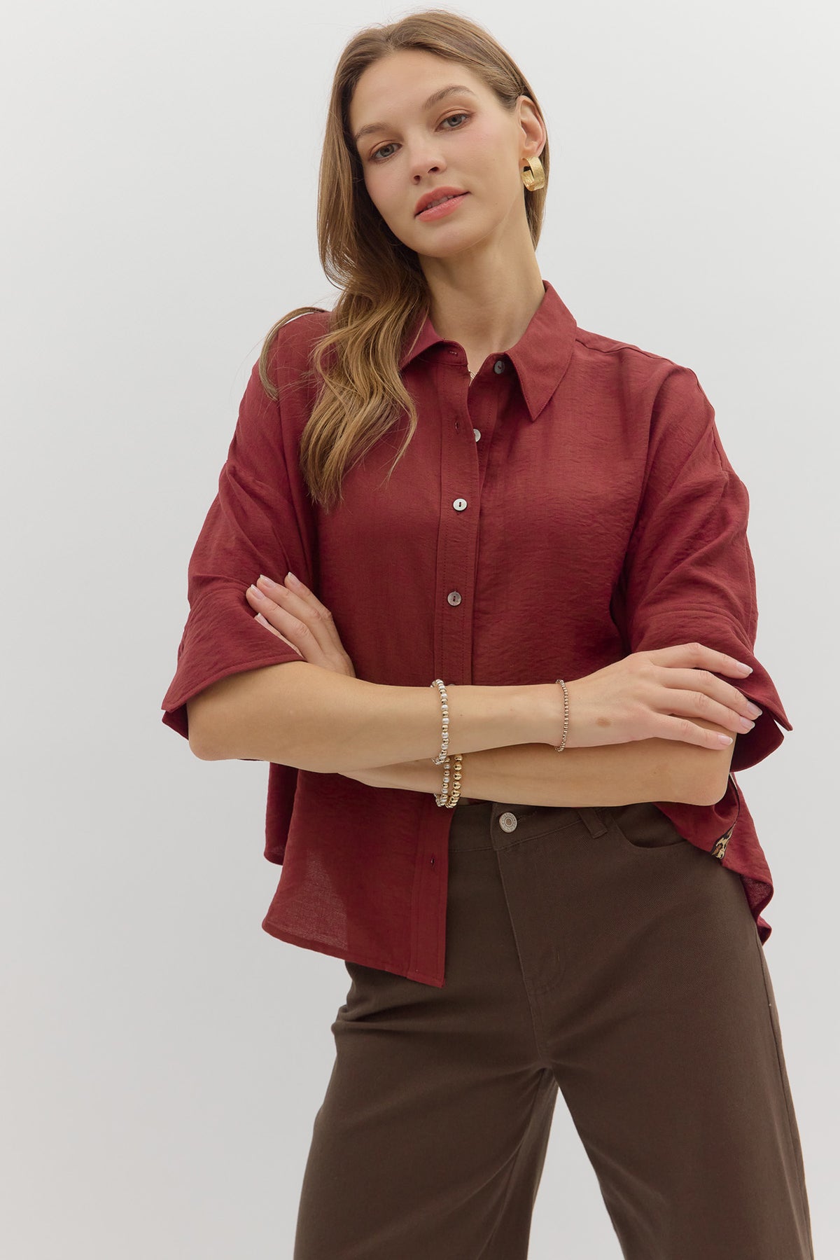 Solid ¾ cuff sleeve top