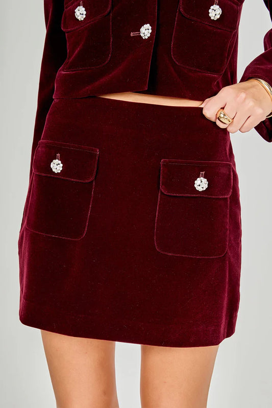 VELVET JEWELED BUTTON MINI SKIRT
