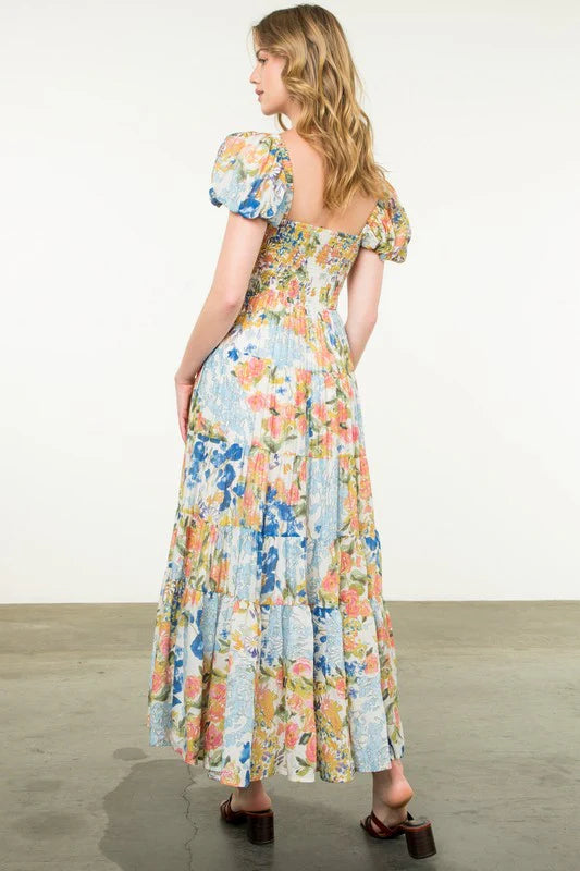 Puff sleeve floral tiered maxi dress