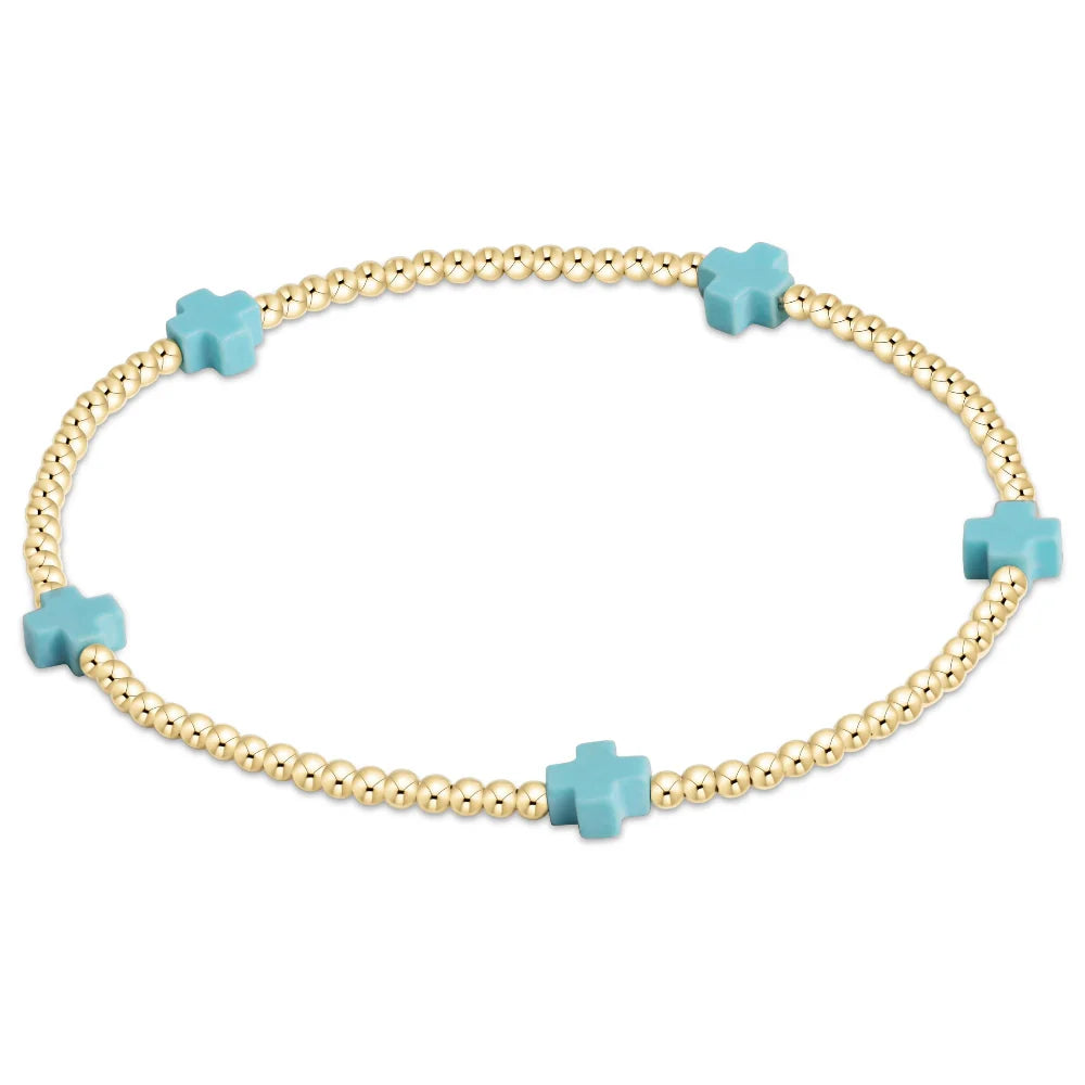 egirl Signature Cross Small 2mm Gold Bracelet - Turquoise
