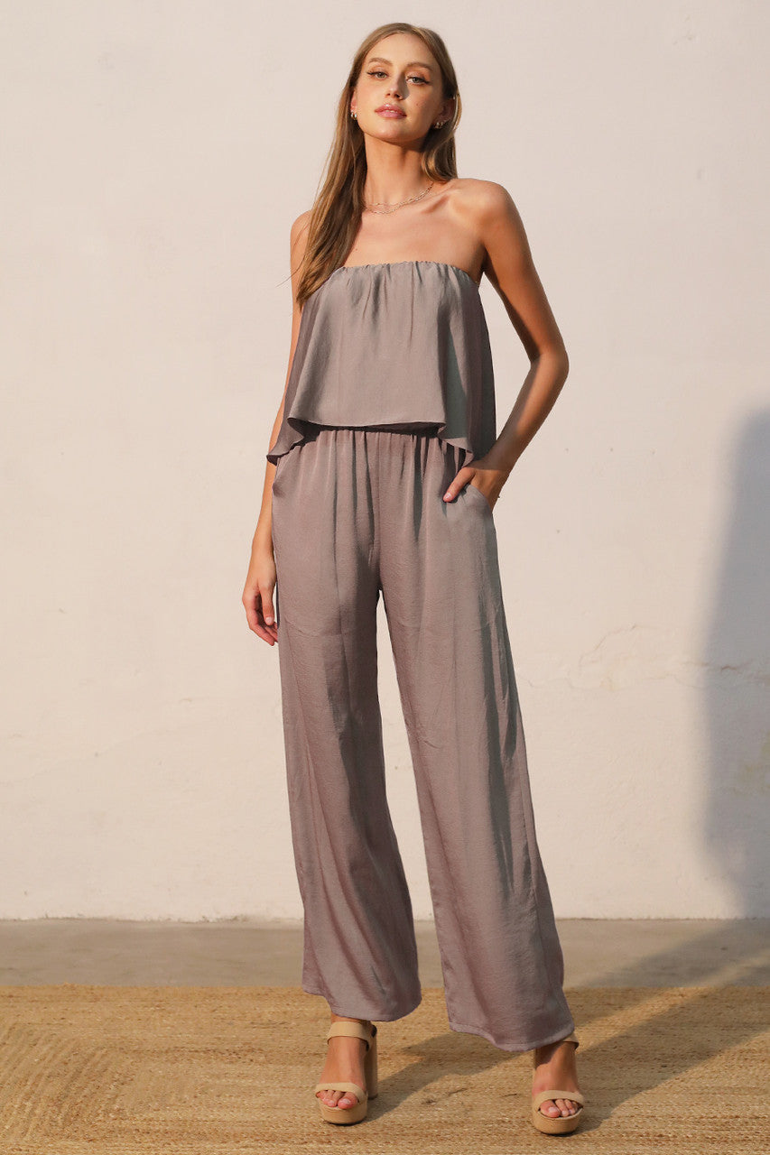SILK CASCADE STRAPLESS JUMPSUIT