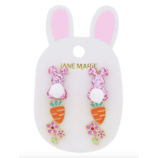 3 Stud Set, Pink Glitter Bunny with White Pom Tail, Enamel Carrot, Multi Enamel Flowers