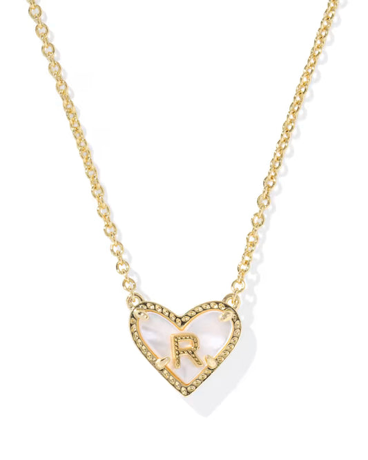 HEART LETTER R SHORT PENDANT NECKLACE GOLD IVORY MOTHER OF PEARL