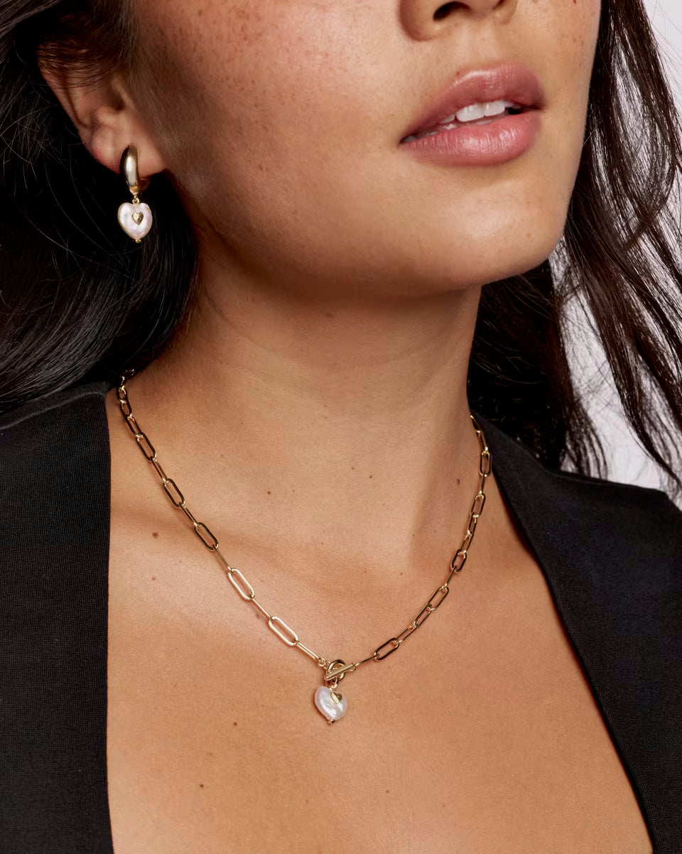SASHA HEART HUGGIE EARRINGS GOLD FRESHWATER CULTURED PEARL
