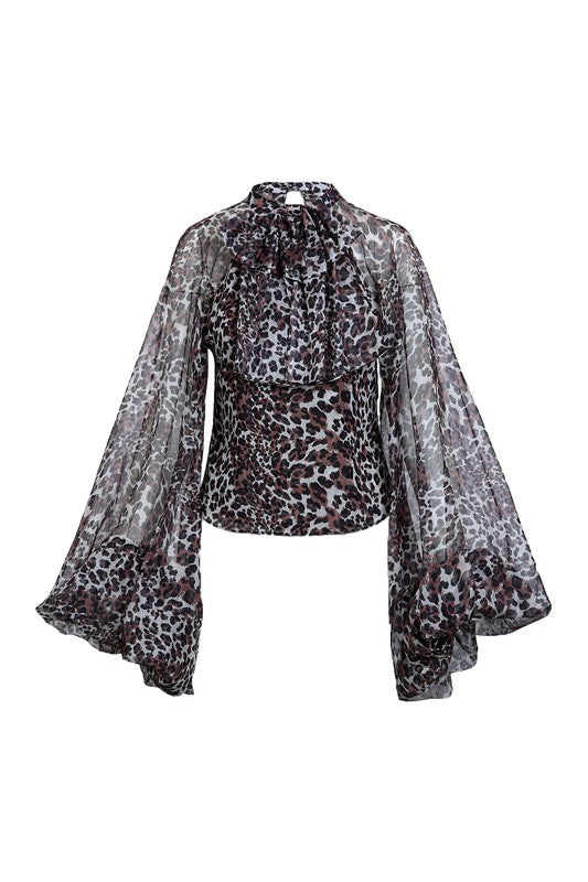 LEOPARD PRINTED RUFFLE NECTIE CHIFFON BLOUSE