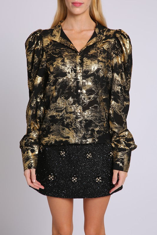 METALLIC COATED ABSTRACT PRINT SHEER PUFF BLOUSE