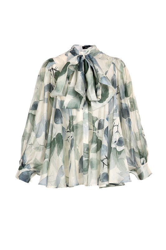 WATERCOLOR LEAFAGE PRINTED BOWTIE BLOUSE