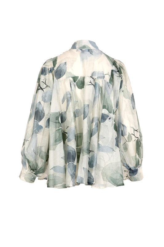 WATERCOLOR LEAFAGE PRINTED BOWTIE BLOUSE