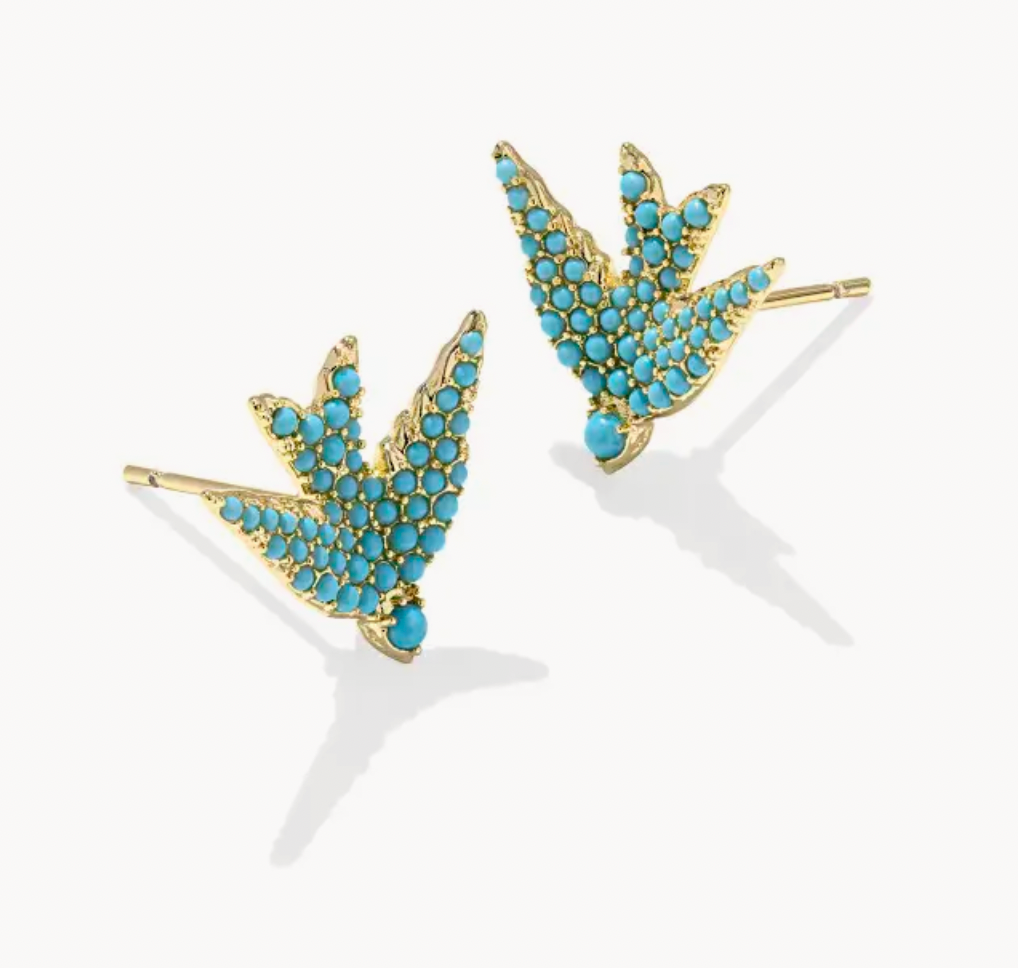 MELODY BIRD STUD EARRINGS GOLD TEAL CRYSTAL