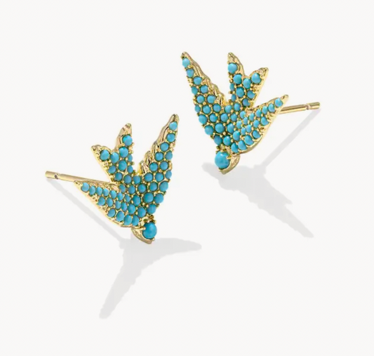MELODY BIRD STUD EARRINGS GOLD TEAL CRYSTAL
