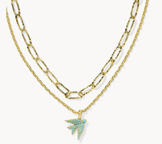 MELODY BIRD MULTI STRAND NECKLACE GOLD TEAL CRYSTAL