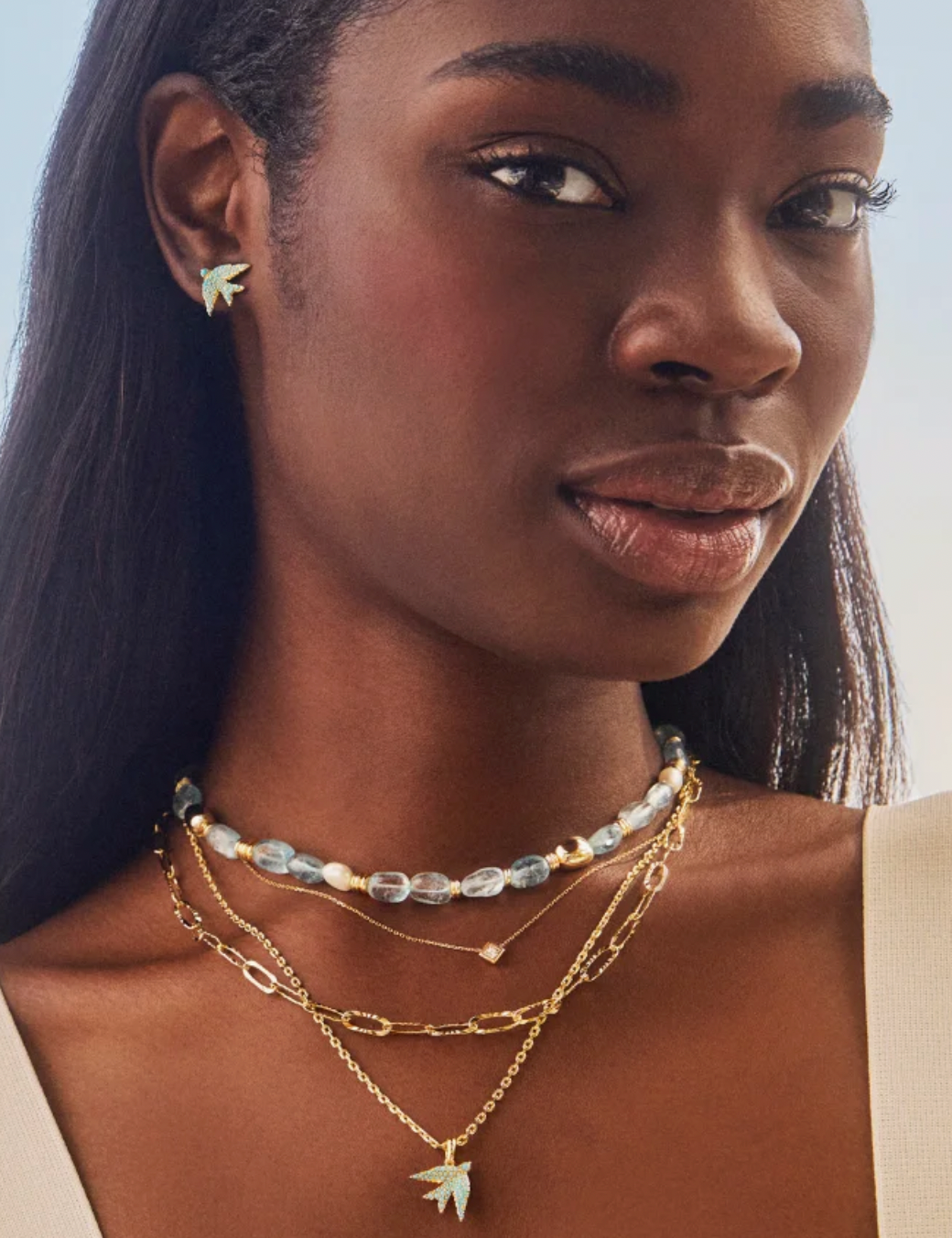 MELODY BIRD MULTI STRAND NECKLACE GOLD TEAL CRYSTAL