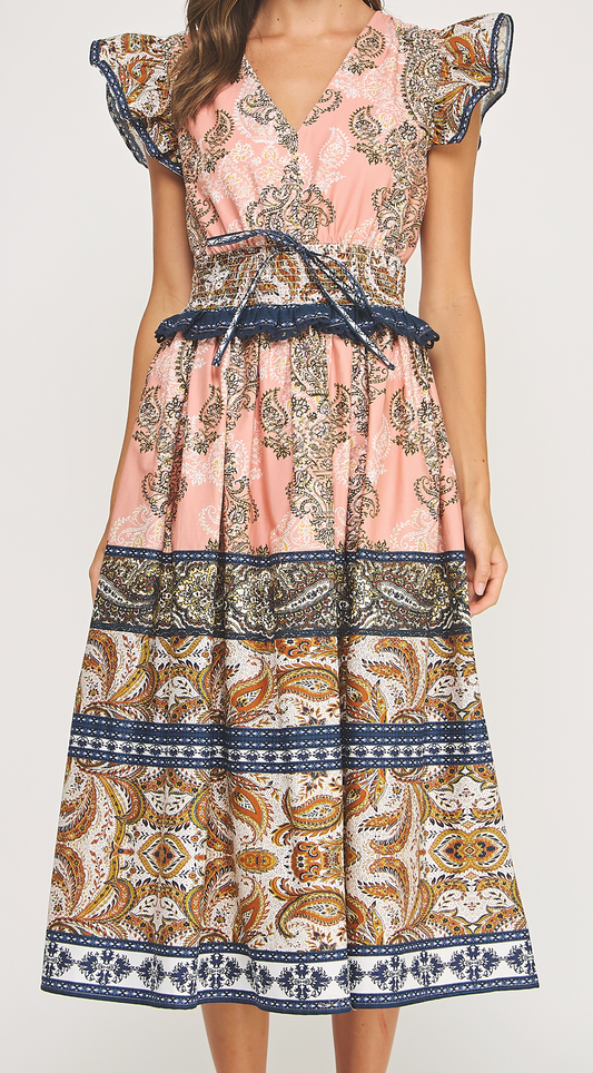 Border Print Ruffle Sleeve Long Dress