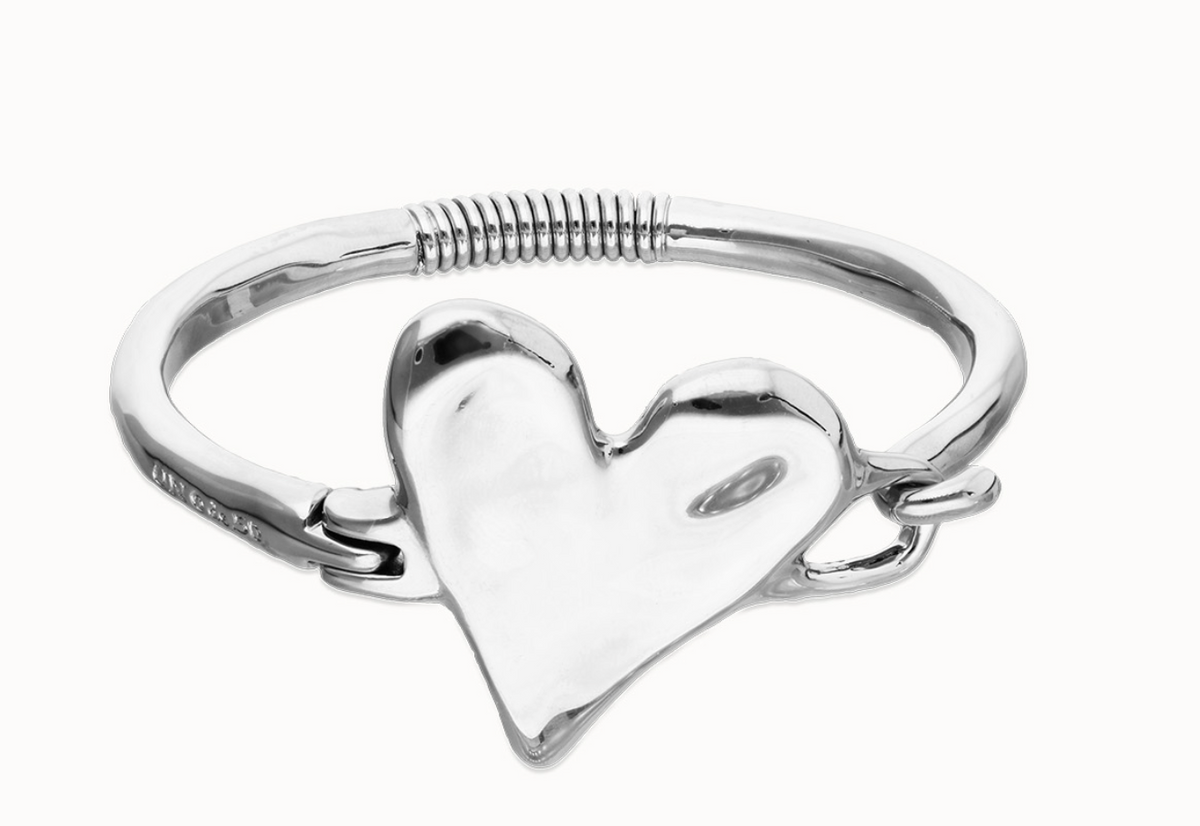 Metal alloy semi rigid bracelet plated in sterling silver with heart detail M