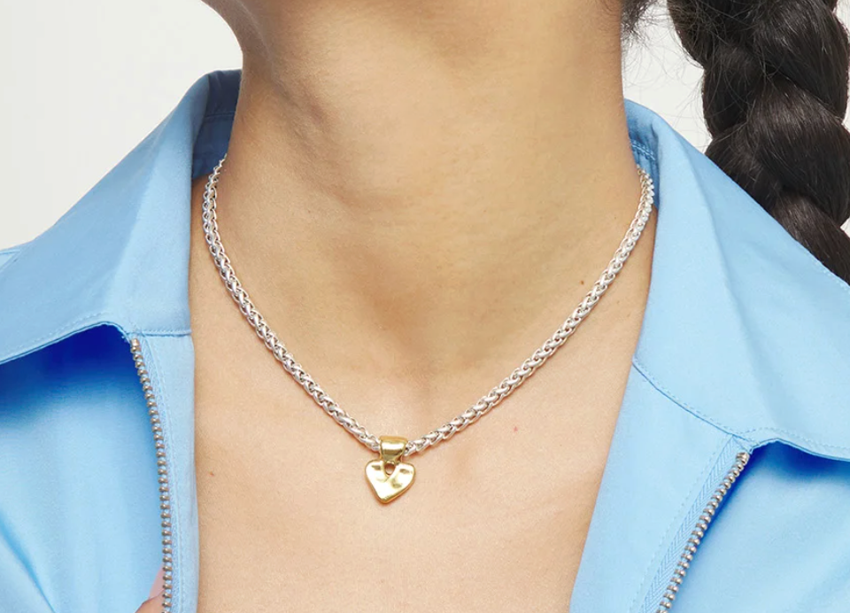 Sterling silver plated ball  necklace with 18k gold heart detail