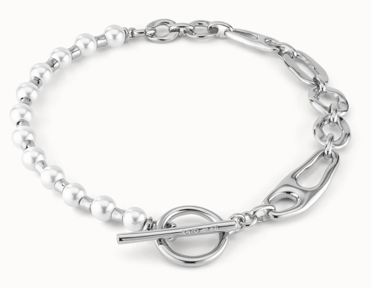 sterling silver metal alloy necklace with a combination of links, pearls and ring and bar clasp