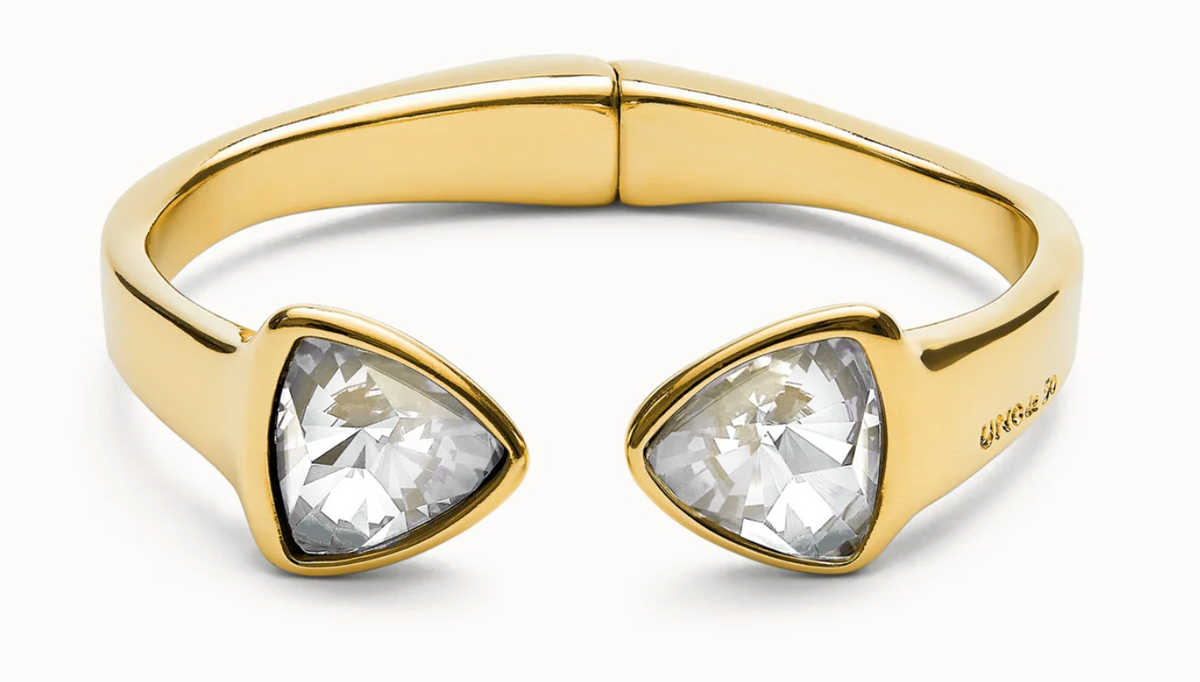 thick rigid metal alloy bracelet plated in sterling silver with two multicolor faceted crystals M