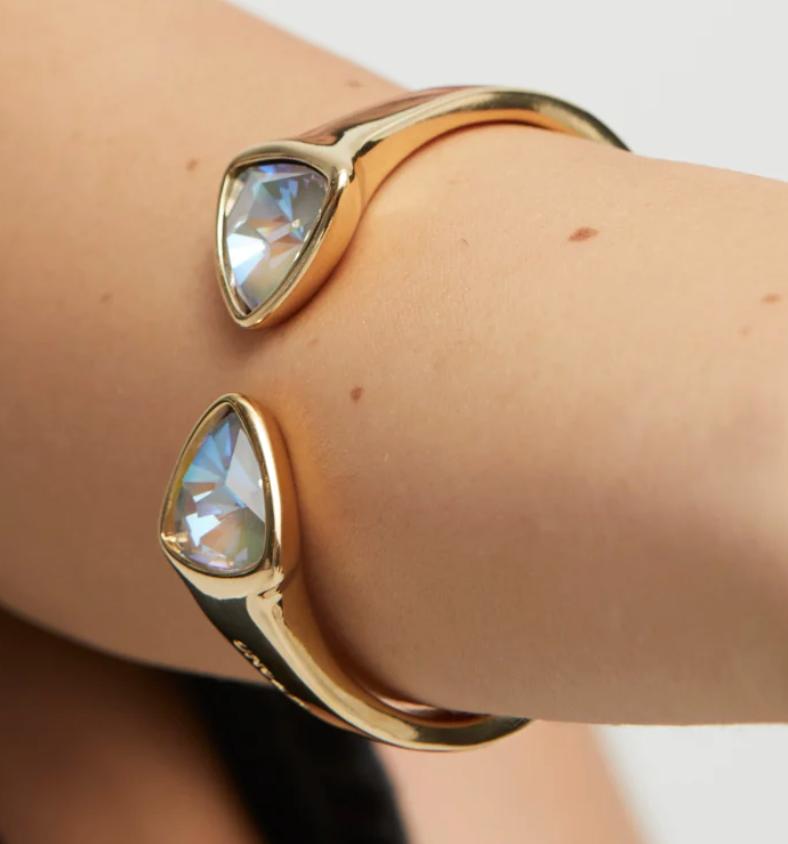 thick rigid metal alloy bracelet plated in sterling silver with two multicolor faceted crystals M