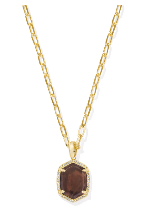 DAPHNE PAVE FRAME SHORT PENDANT NECKLACE GOLD SMOKY QUARTZ