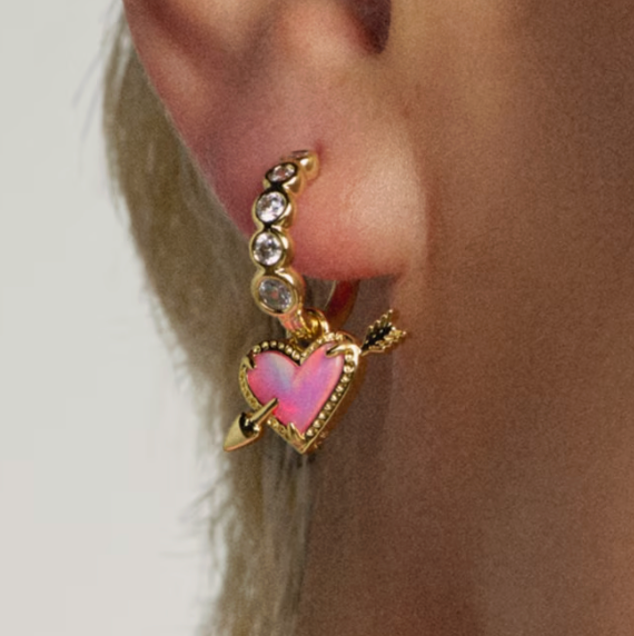 ARI HEART ARROW HUGGIE EARRINGS SILVER PINK OPALESCENT RESIN